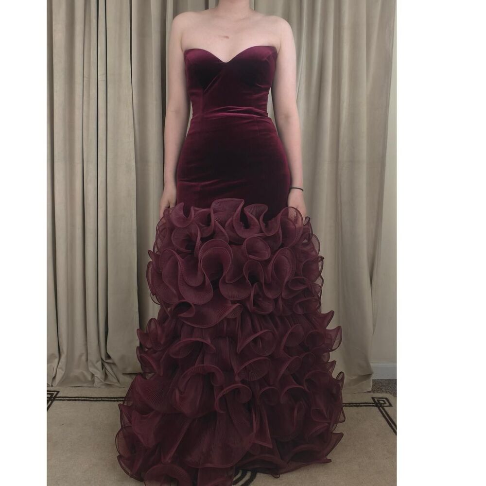 Vintage Jovani Strapless Velvet Burgundy Ruffle Mermaid Evening Gown Prom Dress
